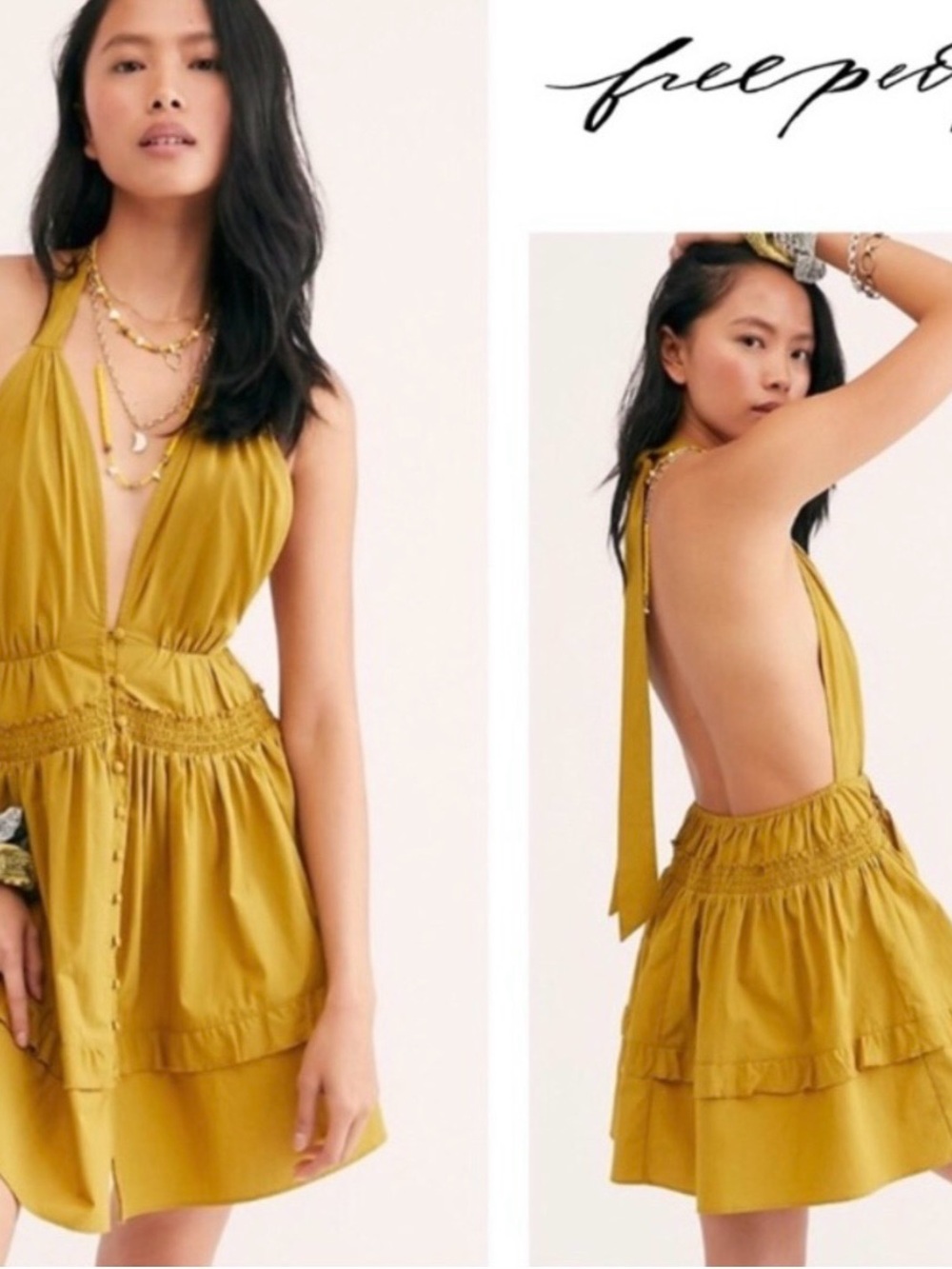 New Free  People Sail Away Halter Dress  Backless Boho Chartreuse Mini Dress XS